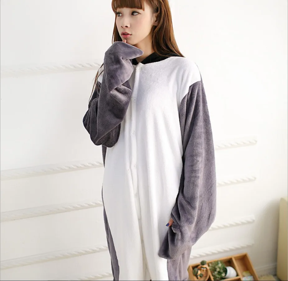 Adult Anime Kigurumi Onesie Funny Grey Penguin Costume Pajamas For Women Men Unisex Flannel Warm Soft Animal Onepieces Sleepwear
