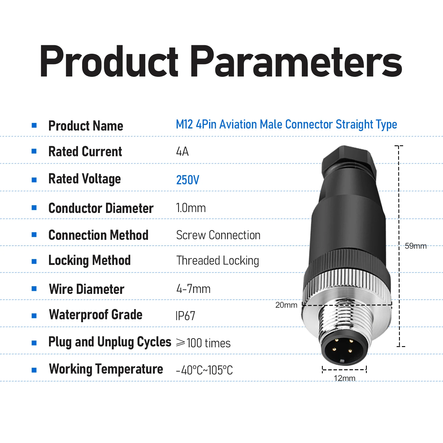 M12 4/5/8Pin Sensor connectorFemale/Male Waterproof Aviation PlugIP67 12MM A-Coding Field AssemblyCircular Socket Panel