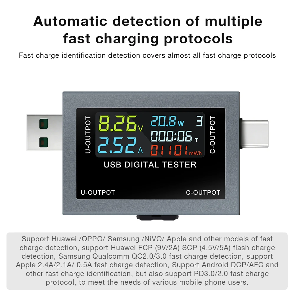 USB Type-C 충전 테스터 DC 4.5-50V 0-8A 다기능 디지털 디스플레이 전압계 전류계 전력계 충전 용량 테스터