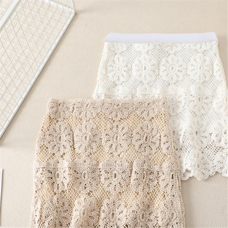 

Women's Elastic Waist Knit Skirt with Crochet Flowerr Hollow out Short Dress