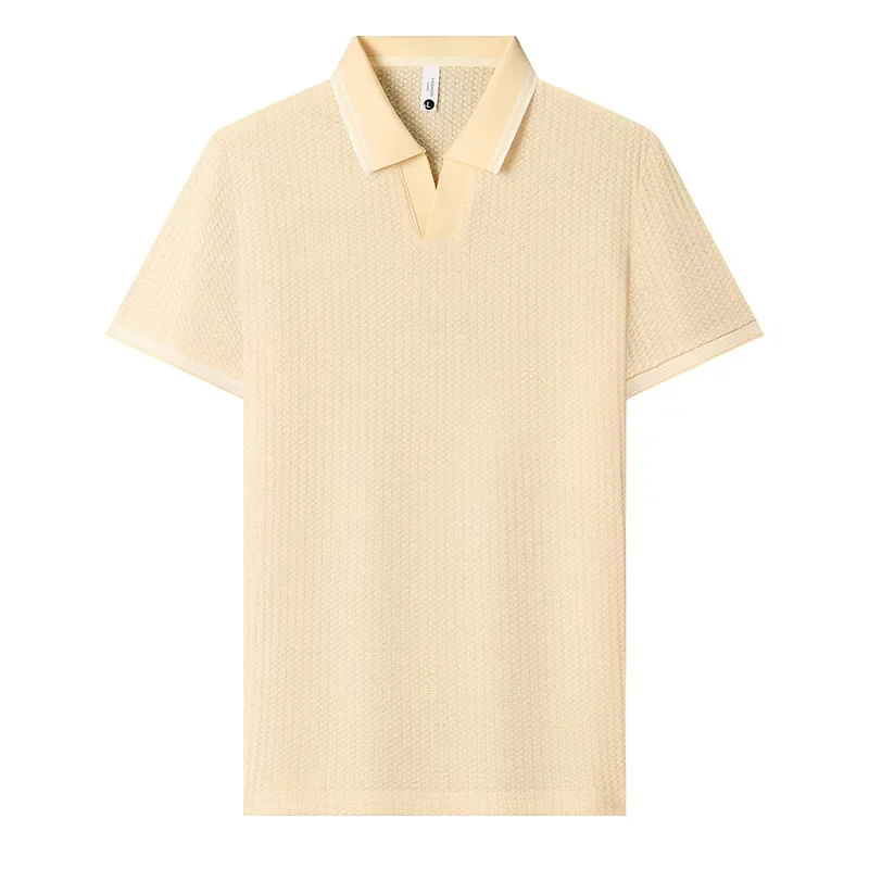 Polo da uomo in maglia waffle a righe con colletto a V, maniche corte, traspiranti, casual - immagine 6