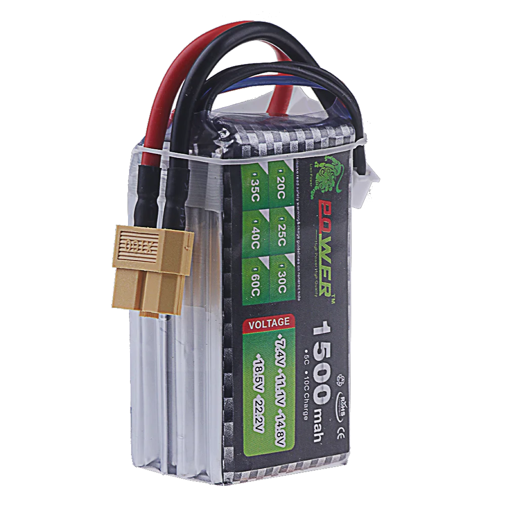 Batterie Lipo 4S pour drone, câbles et connecteurs XT60 en gros plan, prête à l'emploi.