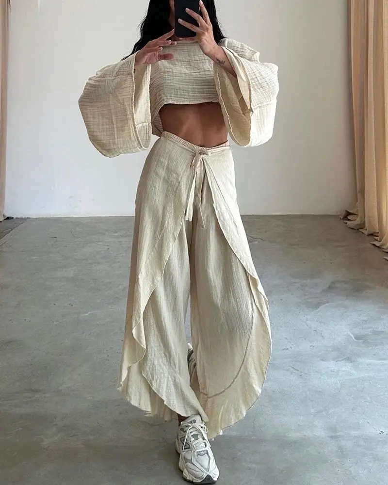 Flare Sleeve Loose Crop Top + Slit Wide Leg Pant Set 2pc Casual Solid Elastic Wasist Trouser Tees Vacation Beach Women Outfits