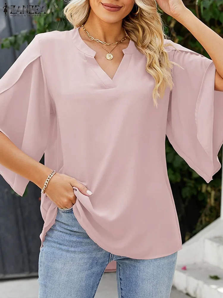 

ZANZEA Summer Fashion Solid Blouse Women Elegant OL Work Shirt Office Tunic Tops V-Neck 3/4 Sleeve Baggy Blusas Casual Chemise