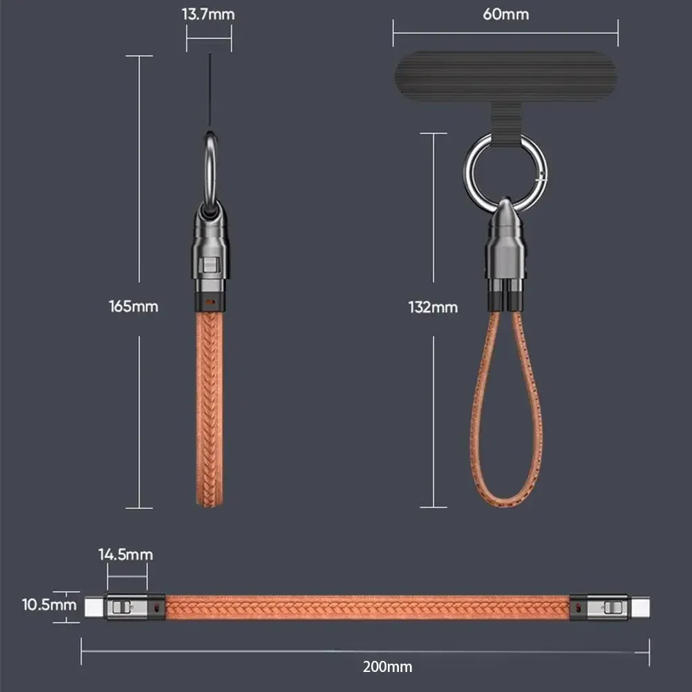 2 in 1 240W Fast Charging Cable Genuine Leather Lanyard Data Cable for iOS Android Charger Cord Computer Power Cable