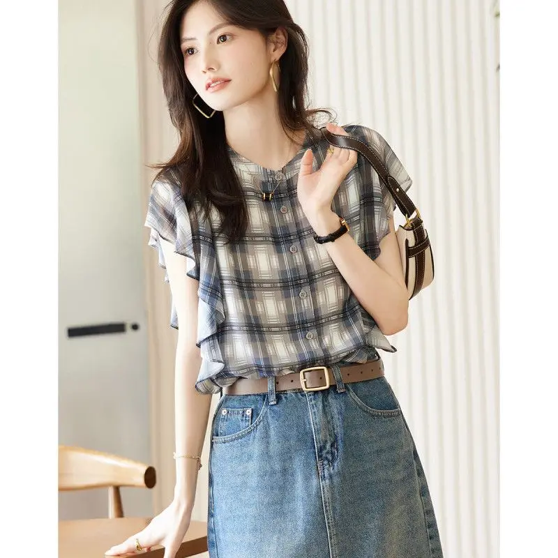 2023 Summer New Round Neck Short Ruffle Sleeves Shirts High Quality Chiffon Design Casual Women\'s Single-breasted Blouse