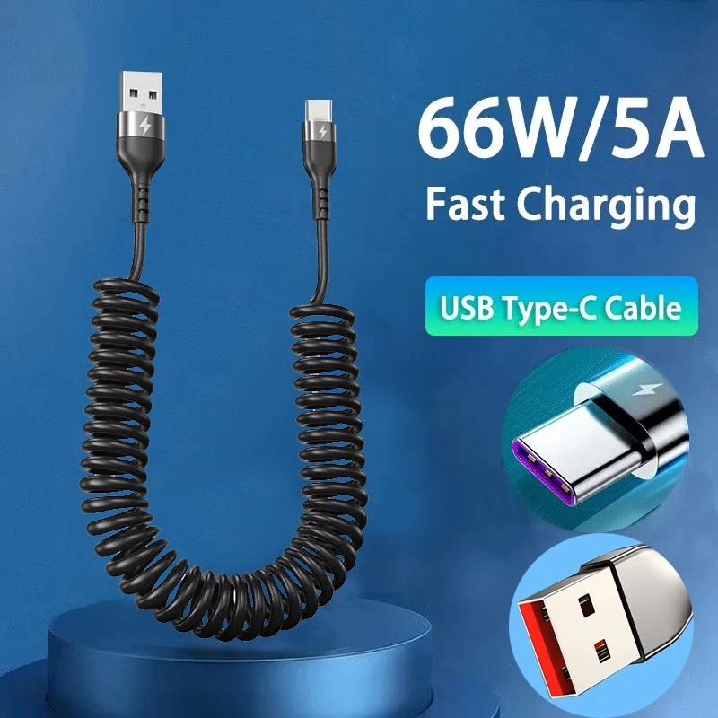 USB Type C 66W Car 5A Fast Charging Type C to Type C Spring Telescopic Cable For iPhone 15 Samsung Huawei Xiaomi Redmi OnePlus