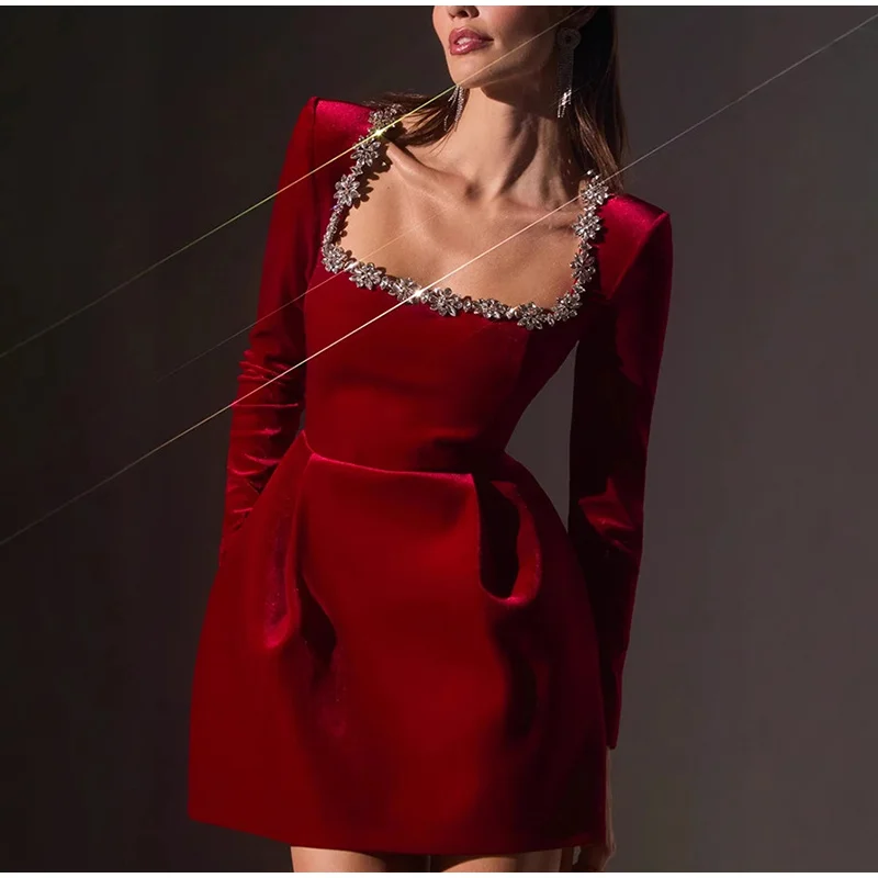 Elegant Rhinestone Decor Velvet Mini Dress Black Square Neck Long Sleeve High Waist A-line Dresses Lady Evening Party Gown