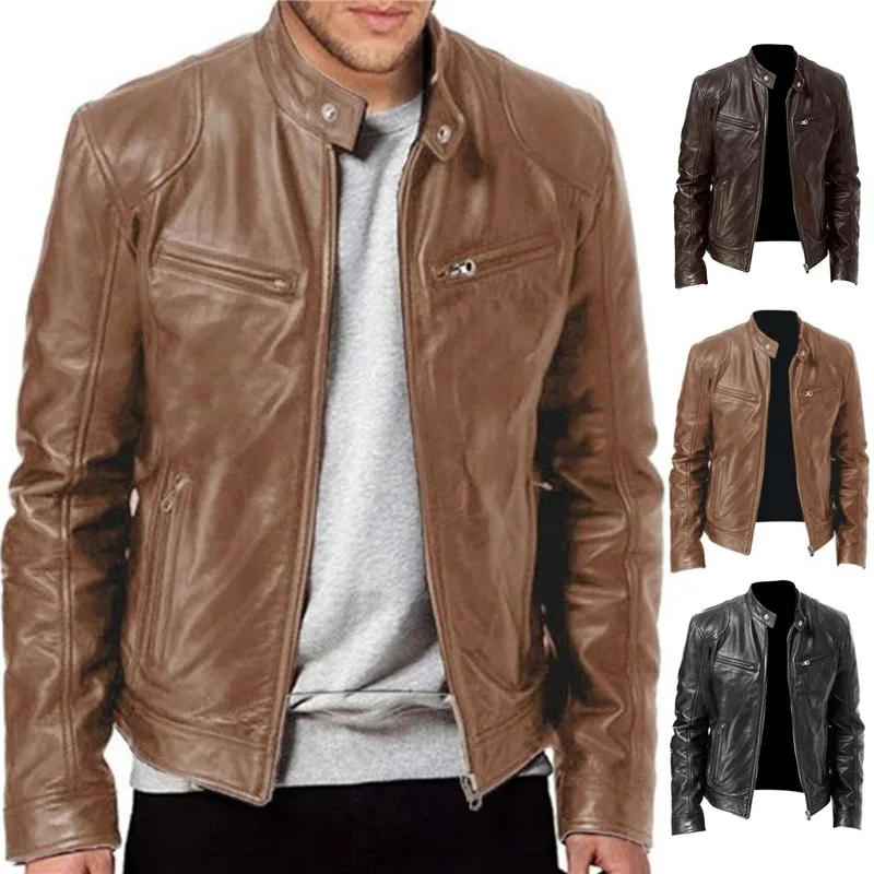 

PU Leather Jacket Men Spring Autumn Windproof Slim Stand Collar Coat Fashion Zipper Jackets Solid Color Zip Motorcycle Jacket