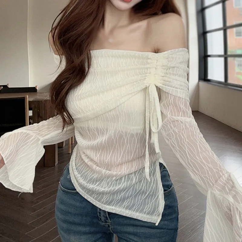 여성 자외선 차단 긴팔 상의, Y2K 스트랩, 메쉬 질감, 슬림핏, 여름