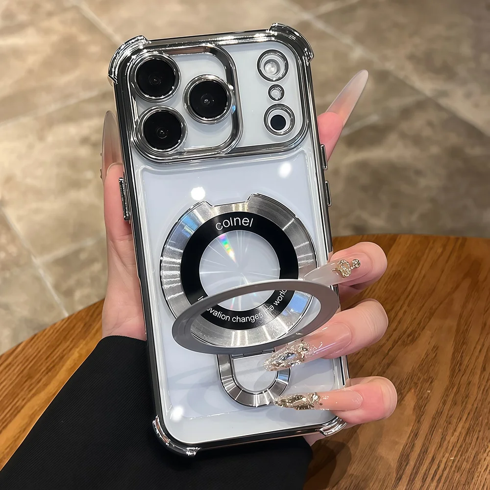 Deluxe Transparent Magnetic Shockproof Case with Adjustable Stand and Plating Finish
