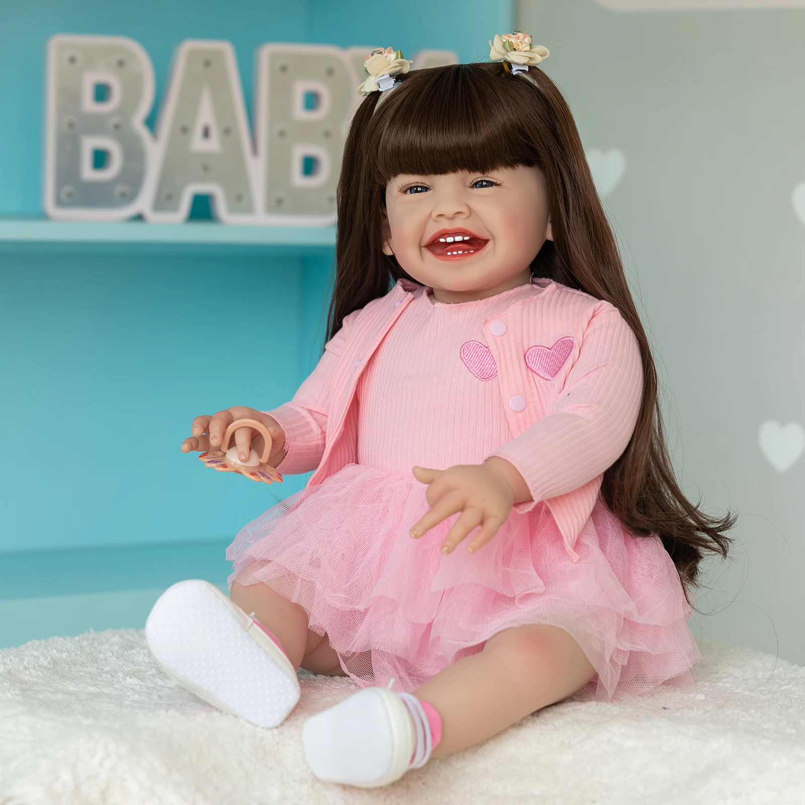 NPK 60CM Big Size Mila Reborn Toddler Girl Soft Cloth Body Smile Happy