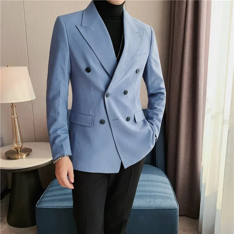 Men Suits Jackets British Style Men Stripe Slim Fit Double Breasted Blazer Jackets