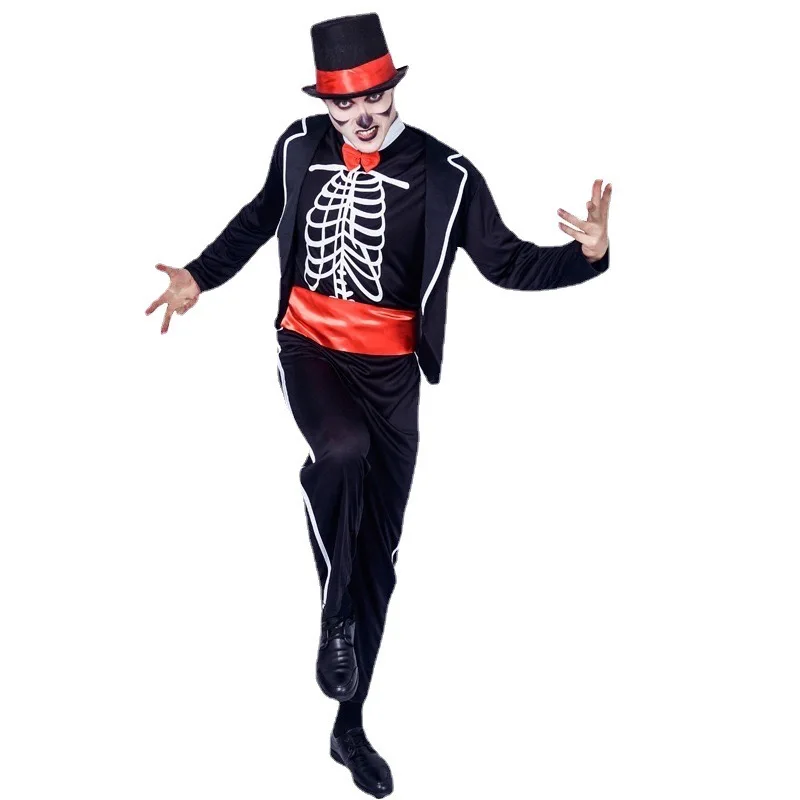 Men Halloween Evil Skeleton Magician Costumes Azrael Day of the Dead Cosplay Carnival Purim Nightclub Bar Role Play Party Dress