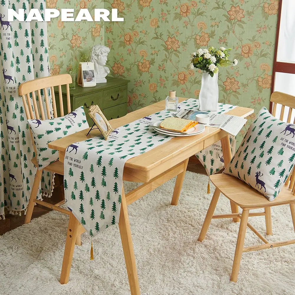 NAPEARL Green Tree Printed Christmas Table Linen Table Runner for Dinner Table Decor Home Textile 1PC