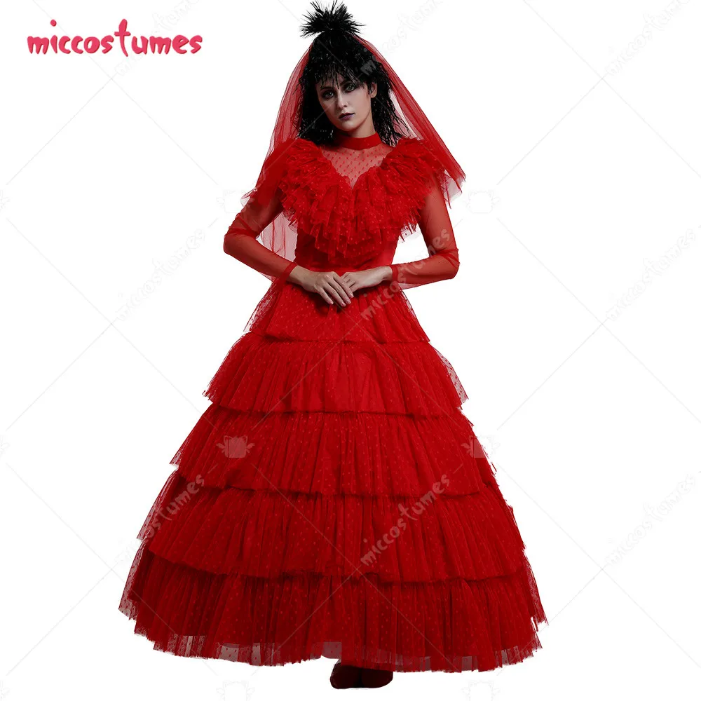 Lydia Deetz Red Dress Women's Costume Beetlejuice Movie Bride Wedding Lidya Goth 