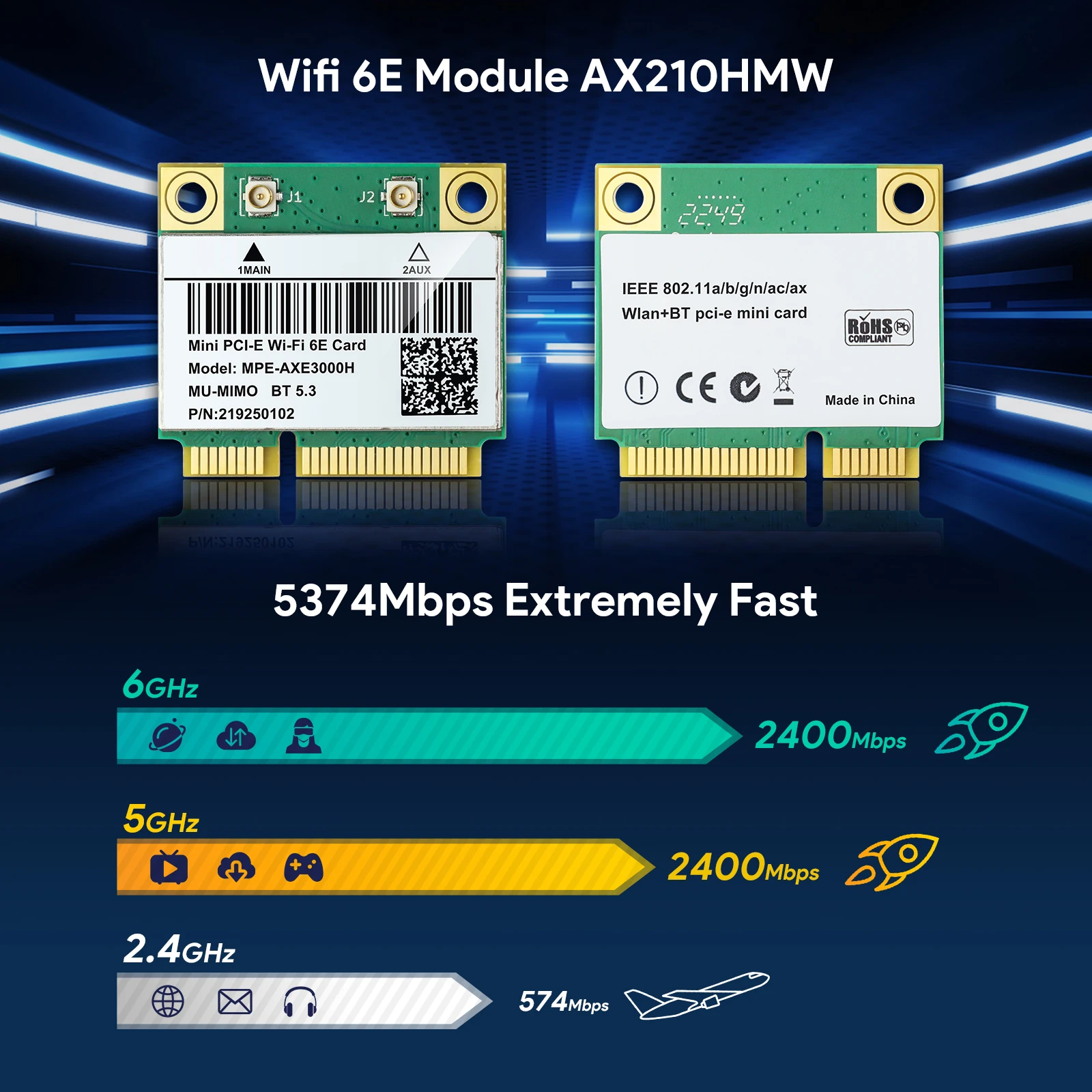 EDUP AX210HMW 미니 PCI-E 트라이밴드 2.4Ghz/5G/6G 5374Mbps 무선 WIFI 카드 BT5.3 802.11AX MU-MIMO 윈도우 10/11 WPA3