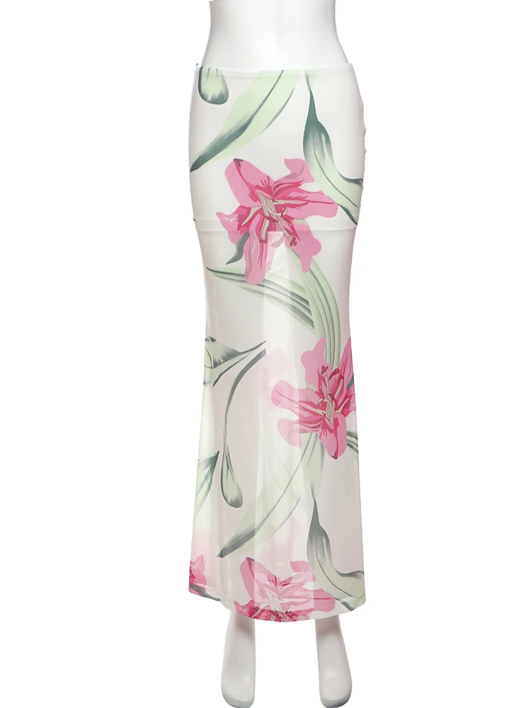 Nibber Pretty Women Two-Piece Set 3d Flowers Bandeau Mini Top+See Through Print Bottoms Thin Vacation Beach Party Matching Suits