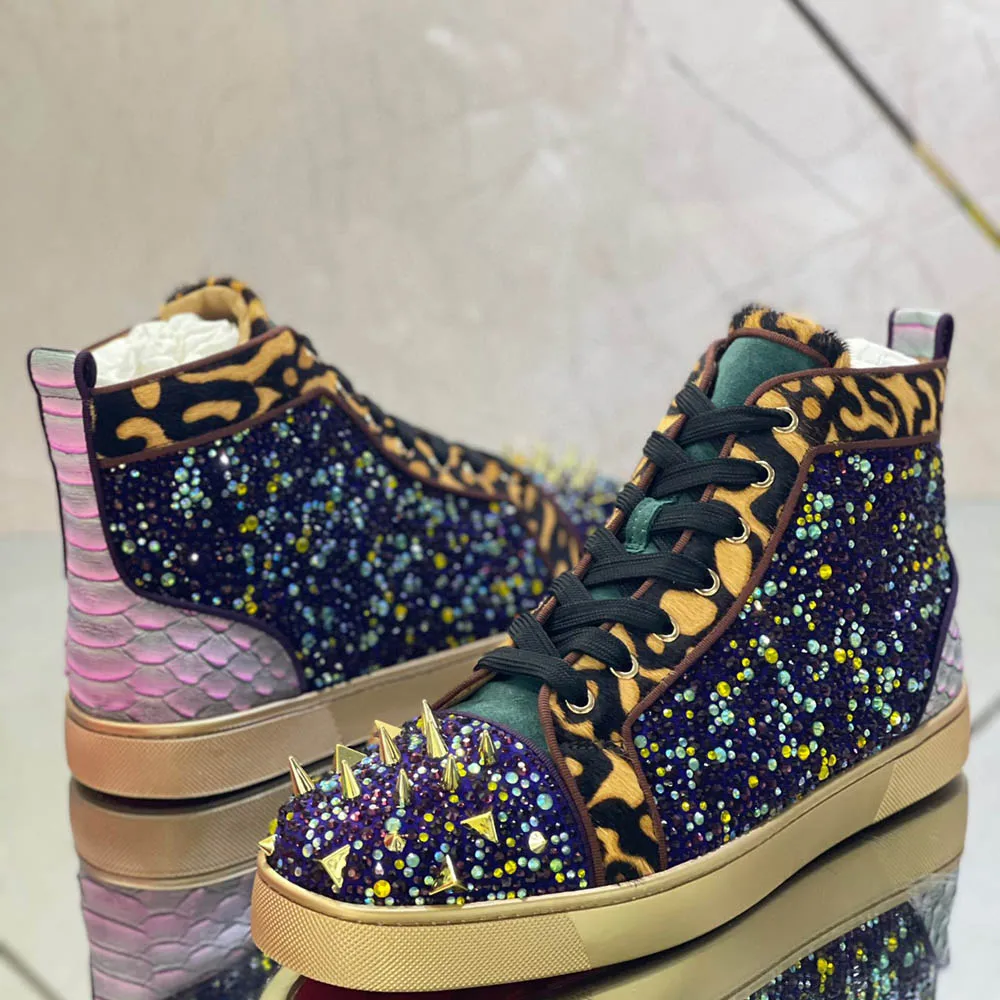 

Luxury Night Club High Top Men's Shoes Trainers Messy Spiked Leopard Genuine Leather Rivets Toecap Purple Crystal Flats Sneakers