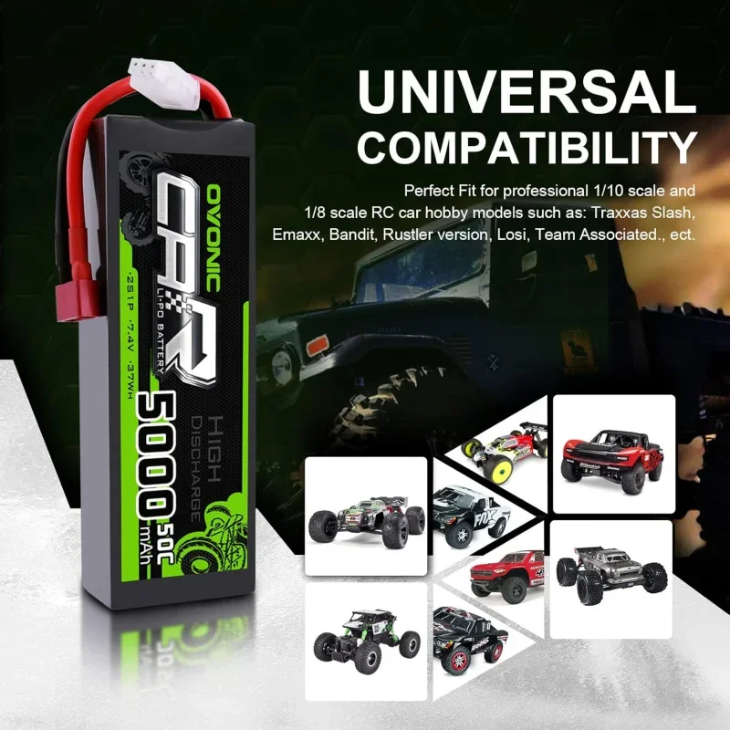 High-Performance 7.4V 5000mAh 50C 2S Lipo Battery Pack with HardCase and Deans T Plug for RC Vehicles