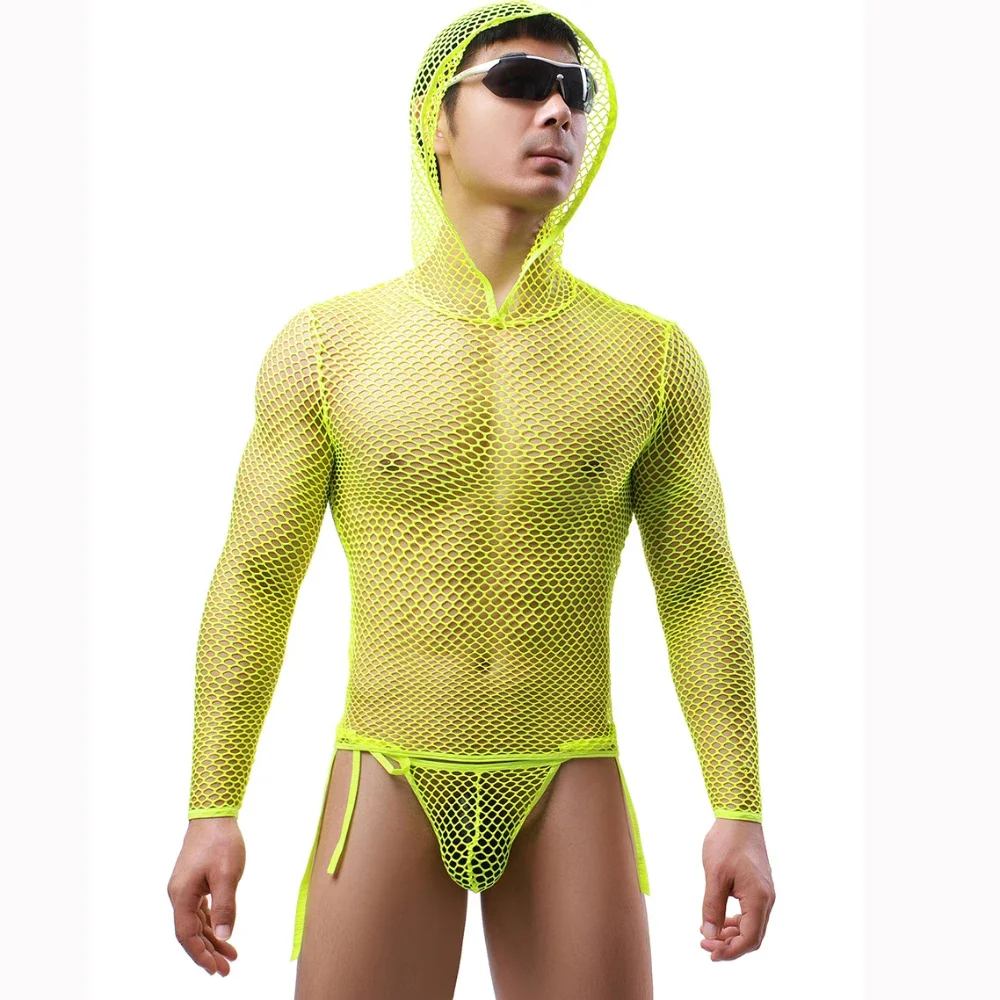 Sexy Men Undershirts Transparent Underwear Briefs Hooded Tops Thong Net Clothes Set Breathable Long Sleeve Muscle Man Mesh 2pcs