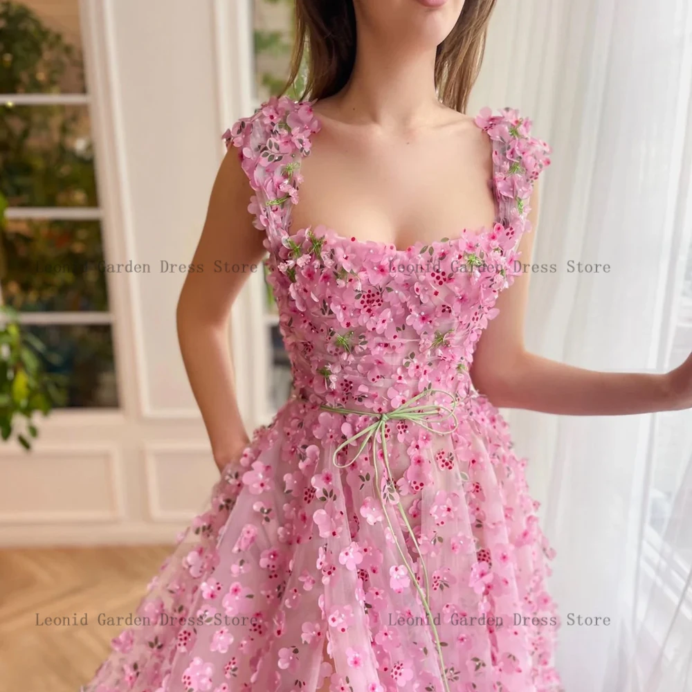 Flowers Pink Prom Dresses Square Neck Sleeveless Tulle Party Gowns A-Line Evening Dress Front Slit