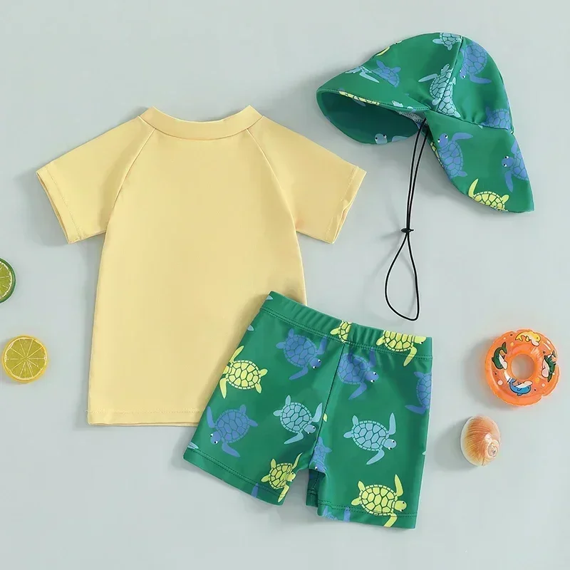Toddler Boys Rash Guard Set, 3 Piece Swimsuit Suit, Short Sleeve Tops Turtle Print Swim Trunks Swim Cap Bathing Suit