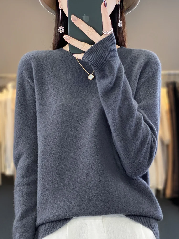 100% pure wool 2024 autumn and winter new cashmere sweater women's O-neck pullover fashion solid color long sleeve pullover. 6