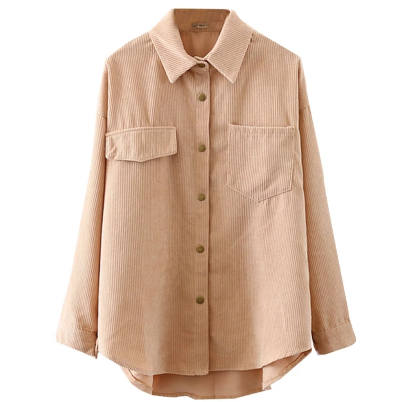 Women Corduroy Long Sleeve Blouse Lapel Collar Button Down Vintage Shirt Solid Color Asymmetric Loose for Jacket