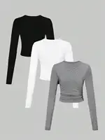 Women's 3-Piece Crew Neck Long Sleeve T-Shirt Set, Casual Daily Tops for All Seasons