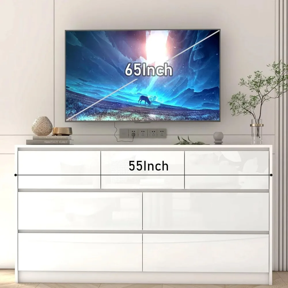 White Dressing Table in Bedroom, 55 Inch Long Dressing Table, High Gloss Dressing Table with 7 Drawers, Wooden Drawer Cabinet 5