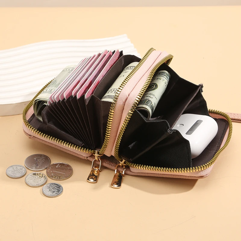 Foreign trade explosive card bag female exquisite rfid leather multi-functional organ card bag double zipper bank cover