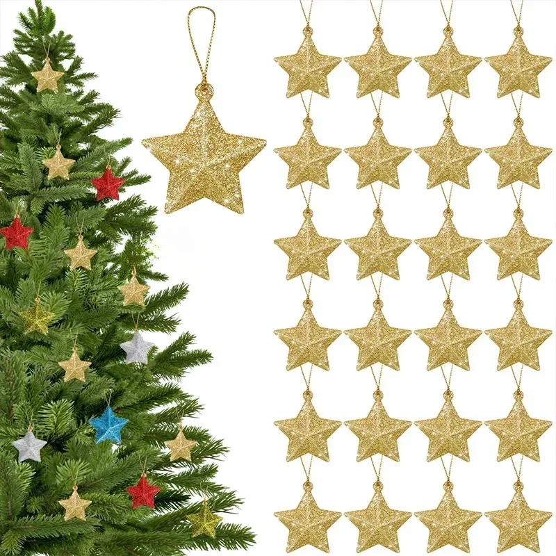 6PCS Plastic Christmas Decorations Gold Glitter Star Decorations Christmas Tree Hanging Decorations Christmas Tree Decor