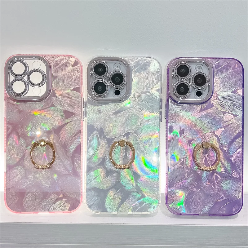 Camlet Federringhalter Laser-Telefonhülle für iPhone 16 Plus 15 14 13 Pro Max Hart-PC Glitzer Kameraschutz Rückseite_voghion.com