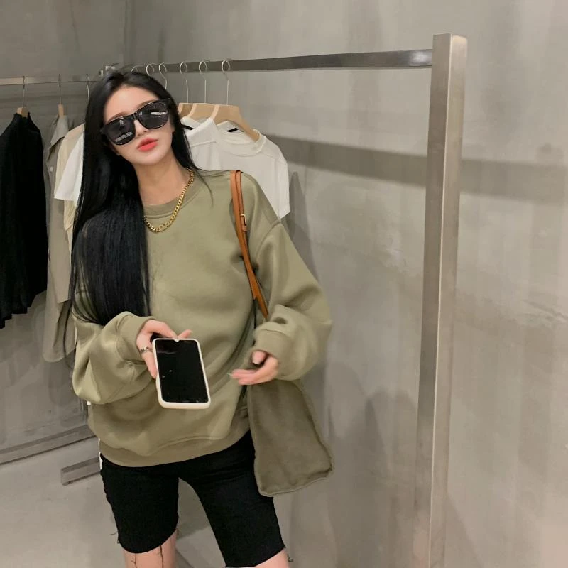 Women's Man-to-Man Long-sleeved Loose Round-neck Student Hootie with Green Top, Trendid, autumn collection, 2024 New Style