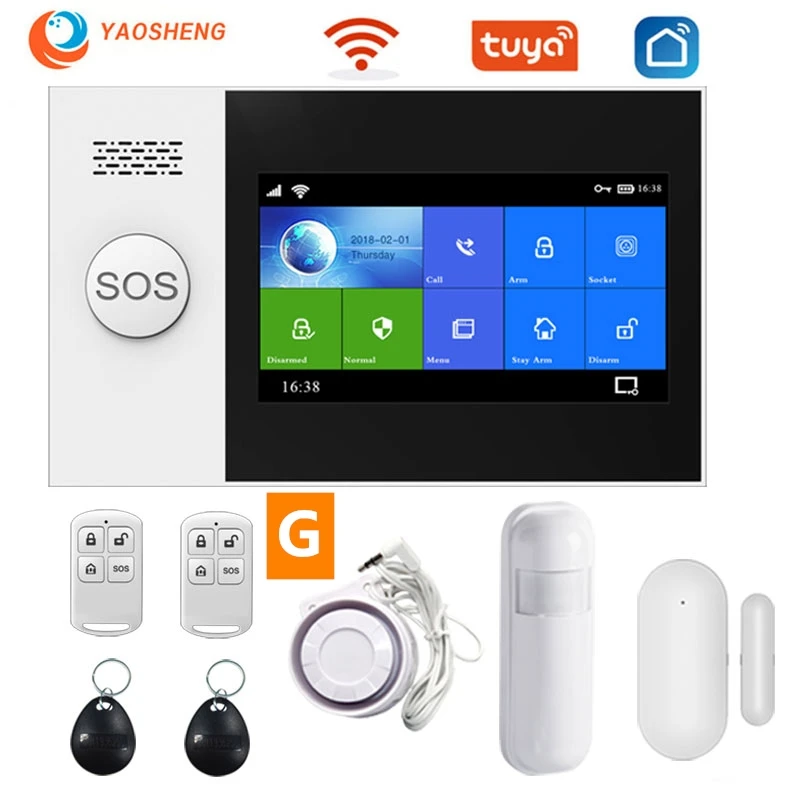 YS PG107 Tuya Security Alarm System Kit Smartlife App Control With Ip Camera Auto Dial Motion Detector WIFI Gsm Home Smart Alarm ring keypad red light Alarms & Sensors