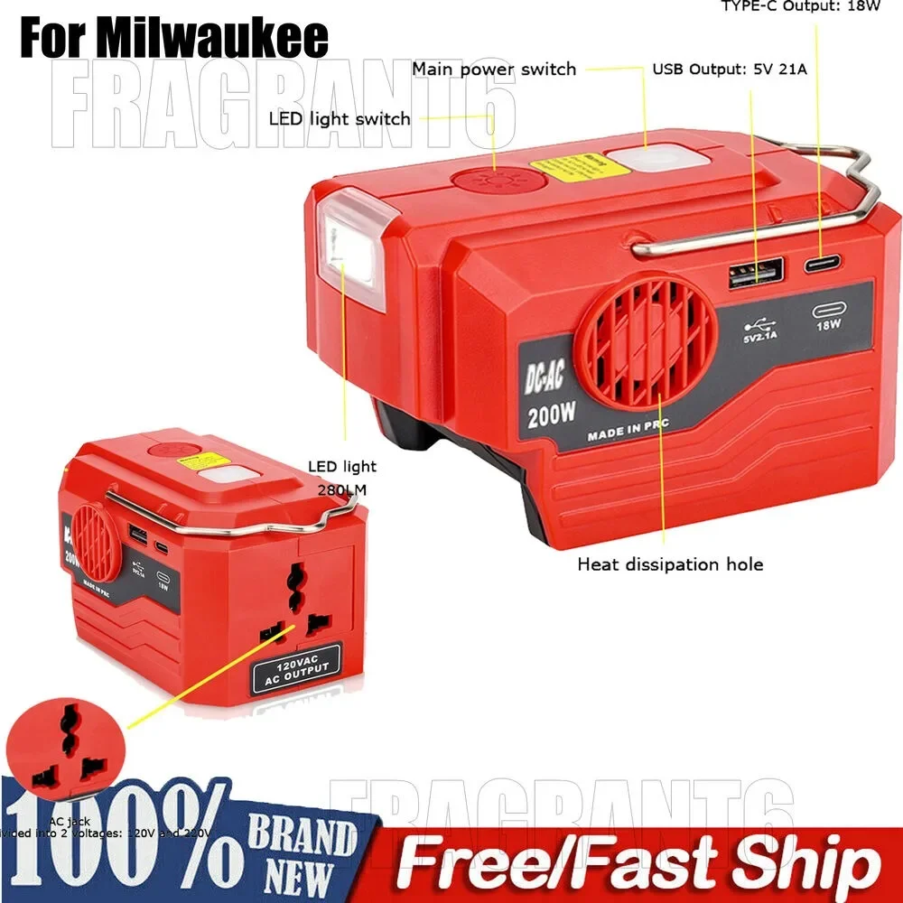 200W Outdoor Portable Inverter For Milwaukee 18V Battery To AC 110V/220V USB Tpye-C Power Bank Converter with Light Converter