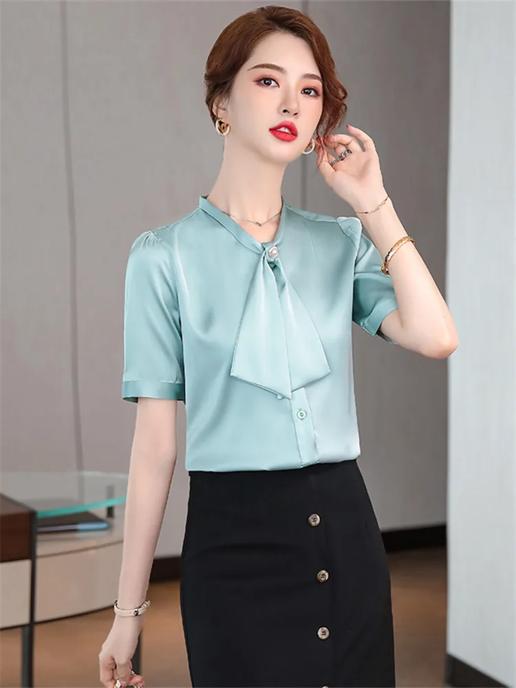 

Women's Blouses Fashion 2021 Summer Bow Tie Office Ladies Cothes White Shirt Oversize Short Sleeve Vintage Top Pink Blus