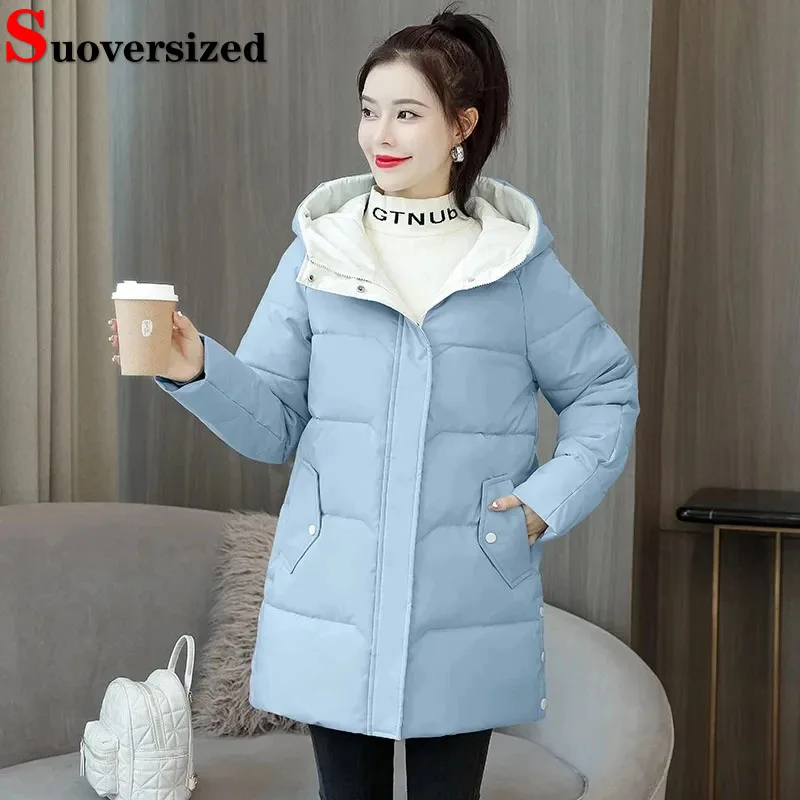 

Loose Winter Warm Hooded Cotton Padded Jackets Oversized 80kg Mid-length Women Windproof Parkas Casual Thicken Snow Wear Casacos