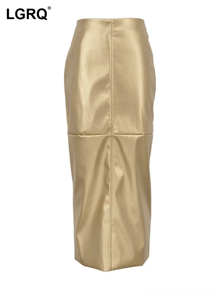 

LGRQ 2023 New Trendy Metal Color Temperament Splicing Design Skirt Women's High Quality PU Leather Wrapped Hip Skirts 19Z2137