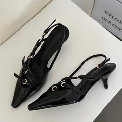 Elegant Designer Buckle Strap Pointed Toe Heels - 38 (Black)