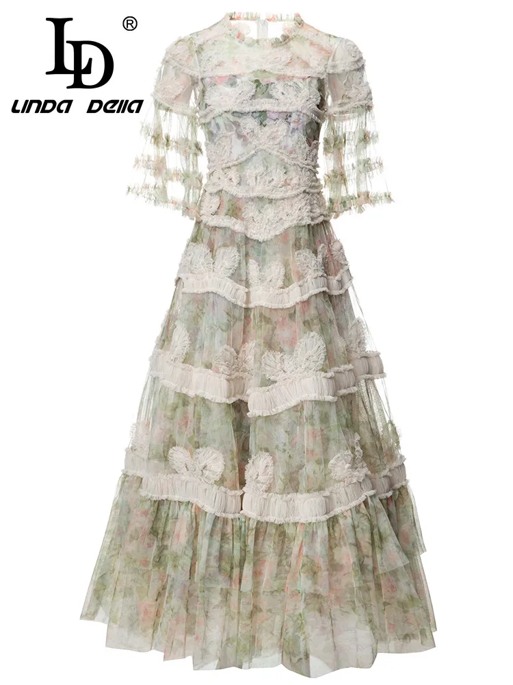 LD LINDA DELLA Summer Fashion Designer Dress Women Flowers Print Flare Sleeve Chiffon O Neck Mesh Elegant Partty Midi Dress