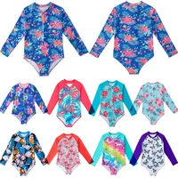 2024 Summer European And American Style Girls One-piece Swimsuit 4-12Years Kids Long Sleeves Broken Flowers Print Bathing Suit 1