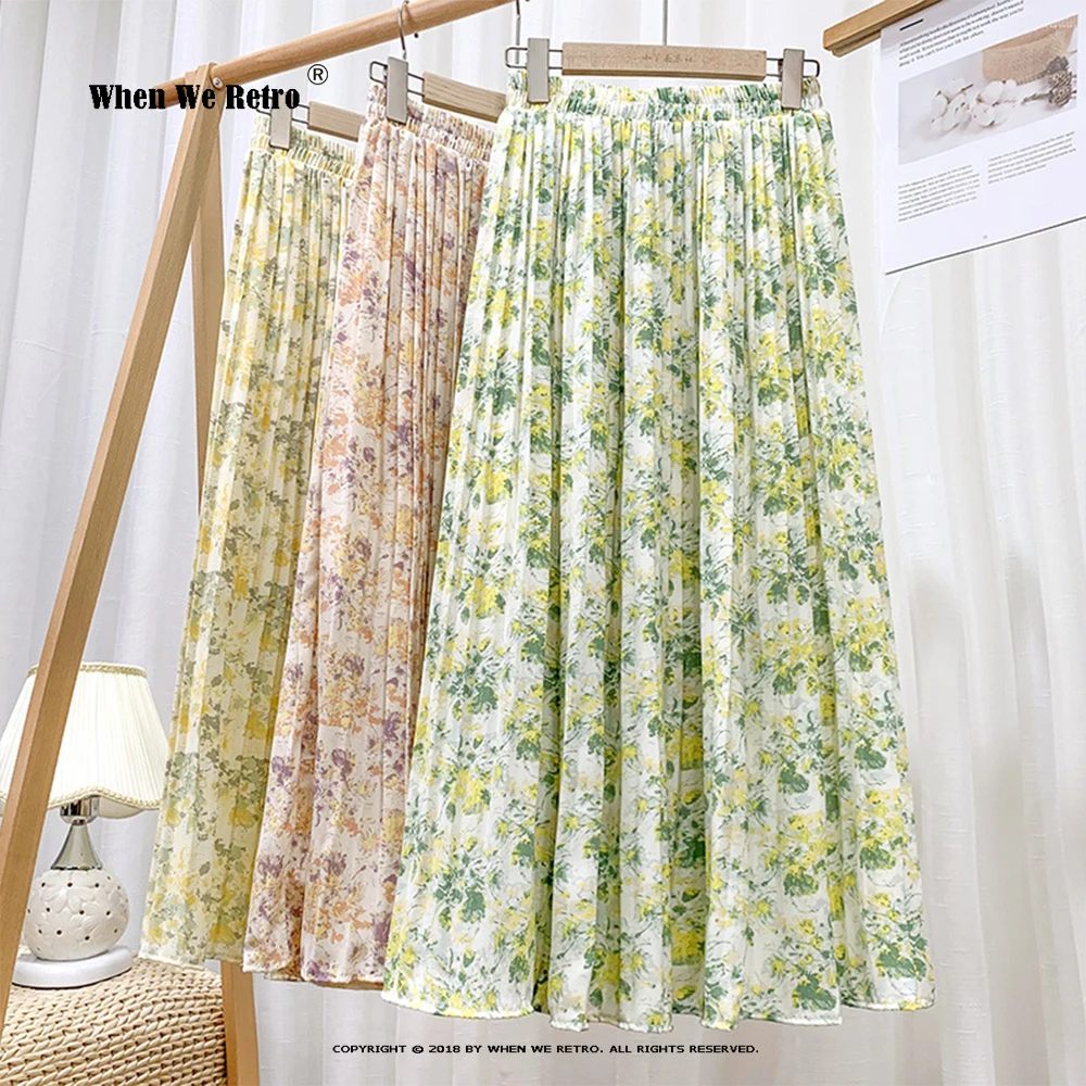 

2023 New Spring Summer Printed Chiffon Long Skirt Korean High Waist Pleated Skirt Floral Print Beach Skirts for Women RS440