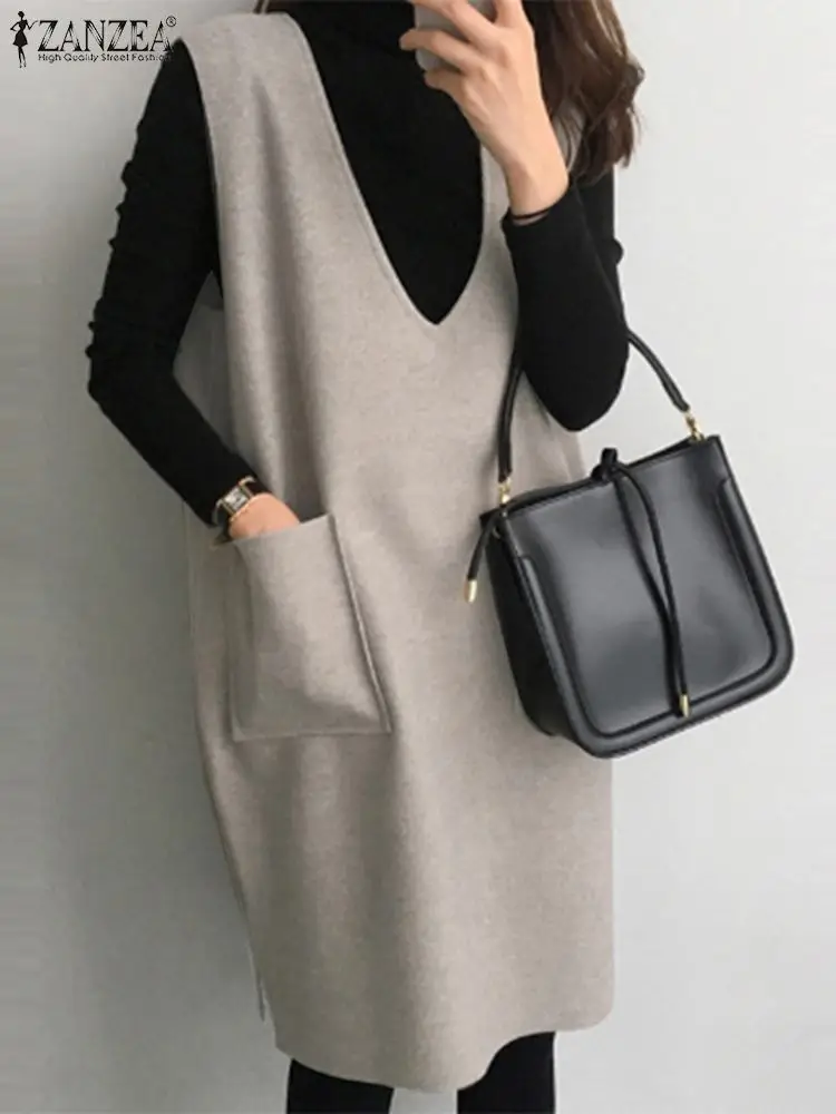 

ZANZEA Oversize Women Sleeveless Apron Robe 2023 Winter Solid Dress Vintage Holiday Sleeveless Corduroy Dress Casual Loose Dress