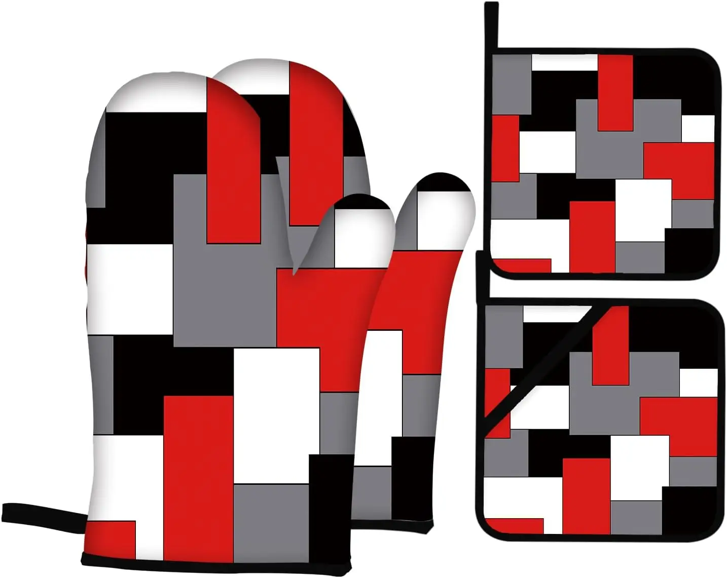 Red Black Grey White Oven Mitts and Pot Holders Sets of 4 Geometric Heat Resistant Gloves for Kitchen Baking Cooking Grilling