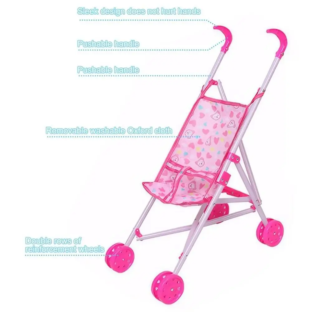Pink Doll Pram Stroller Toy for Kids Pretend Play