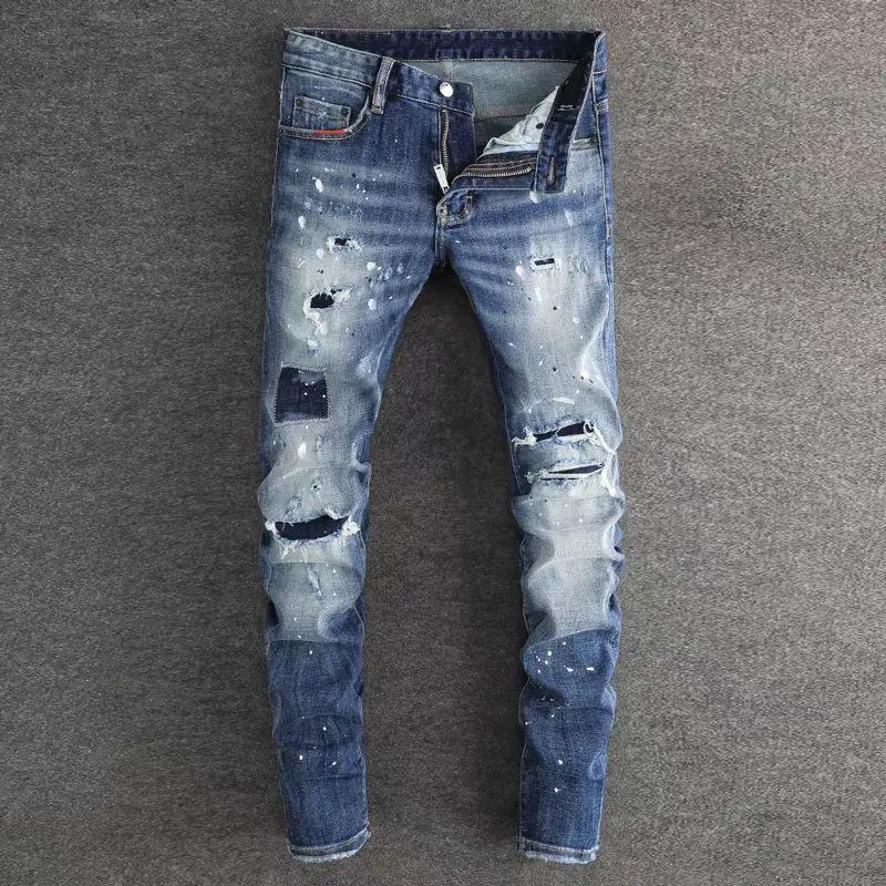 

Street Fashion Men Jeans High Quality Retro Blue Stretch Skinny Fit Ripped Jeans Men Painted Designer Hip Hop Brand Pants Hombre