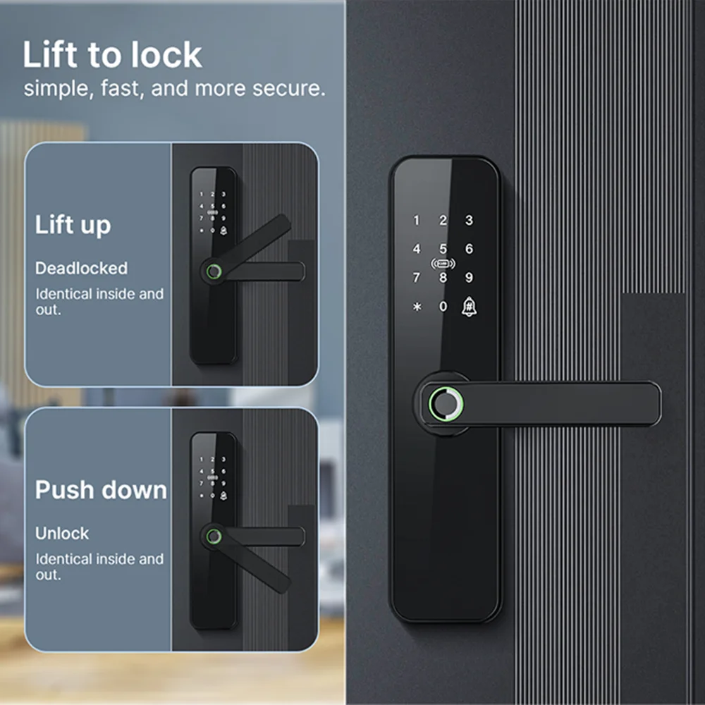 Smart Door Lock Fingerprint Door Lock Electronic Lock with Biometric Fingerprint/IC Card/Password/Key Unlock/Remote Control/USB Emergency Charge