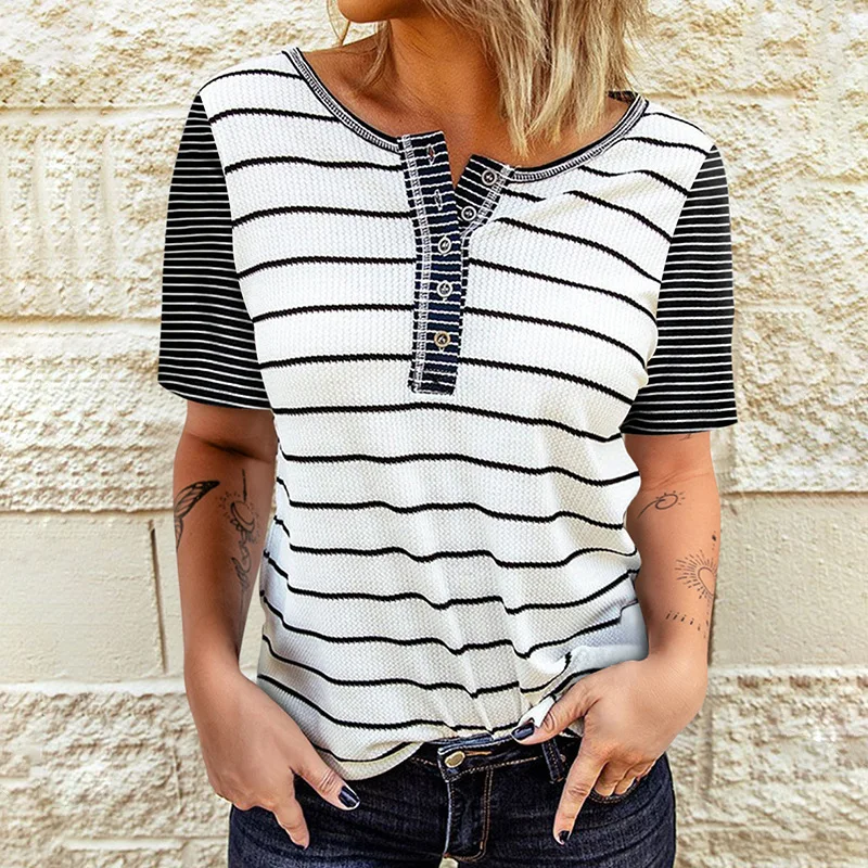 

Striped Knitted Short Sleeve Top Women's Design Feel Loose Pullover T-shirt 25214036